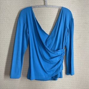 Carilyn Vaile 3/4 Sleeve V-Neck Faux Wrap Blouse Top Women Size Large Blue Chamo